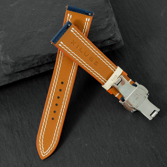 Flat Navy Epsom Calfskin Leather Rally Watch Strap – Orange Racing Holes