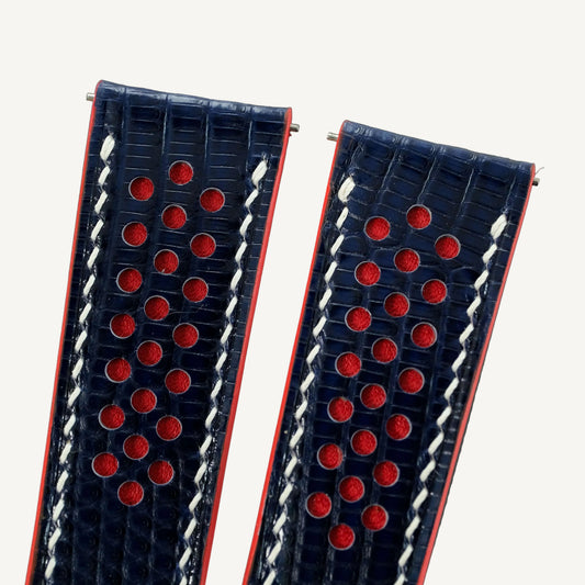 Flat Navy Lizard Leather Rally Watch Strap – Red Racing Holes
