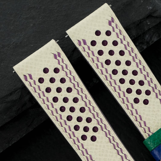 Flat Off White Epsom Calfskin Leather Rally Watch Strap – Purple Racing Holes & Stitch