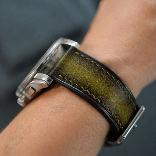 Olive Black Patina Leather Watch Strap on the wrist