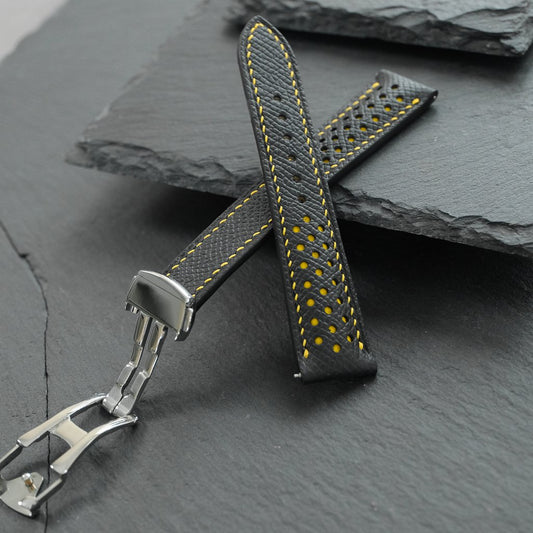 Padded Black Epsom Leather Rally Watch Strap - Yellow Racing Holes & Stitch — photo 1