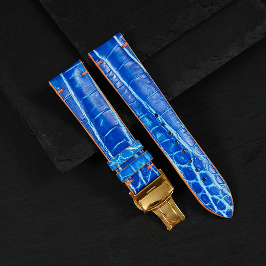Padded Electric Blue Patina Alligator Leather Watch Strap — photo 6