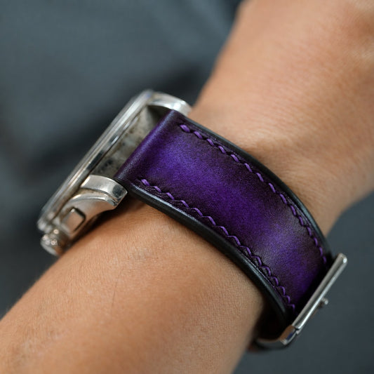 Purple Black Patina Leather Watch Strap on the wrist
