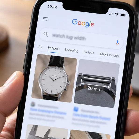 A phone held in one hand showing a search for watch lug width, the results full of strap measurement diagrams.