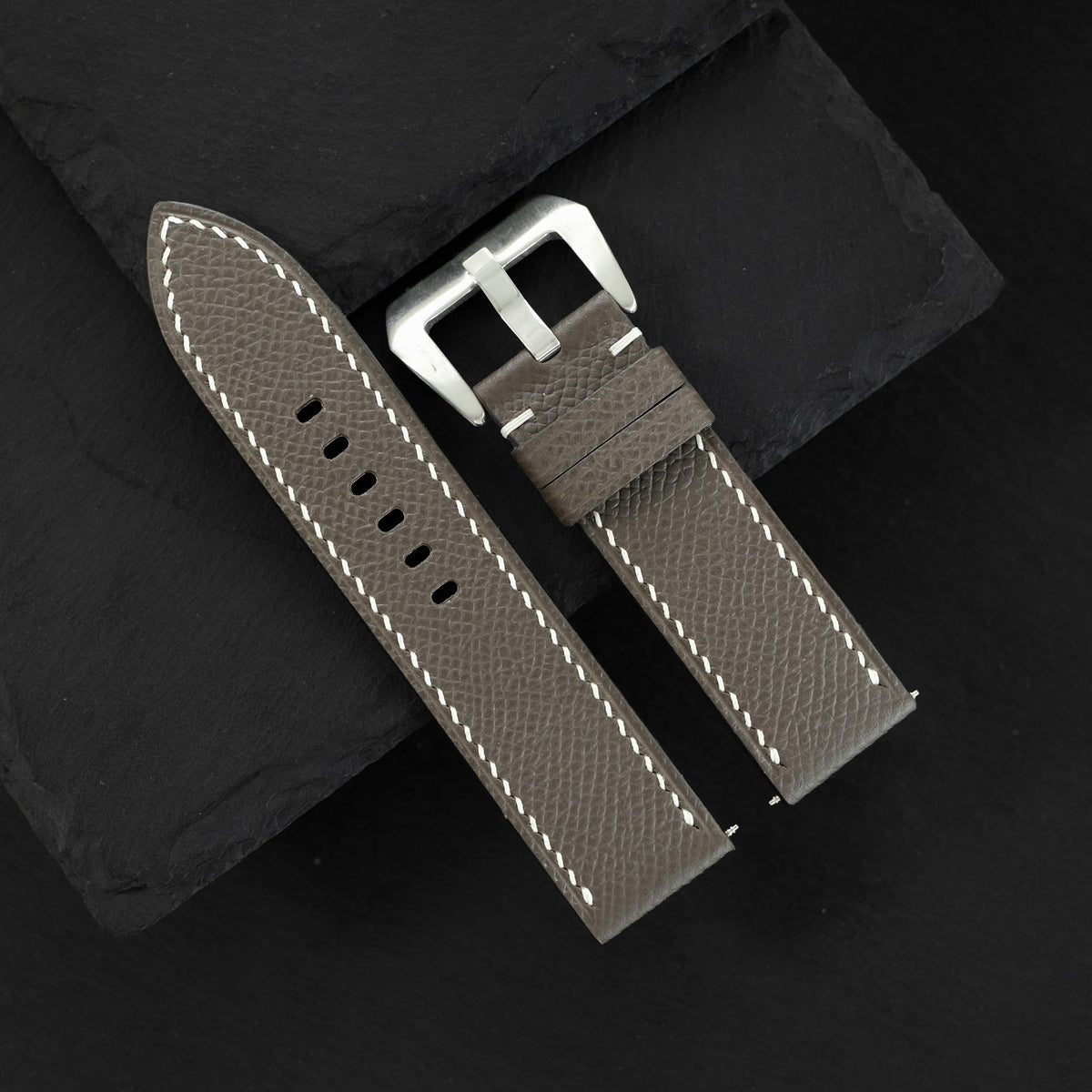 Flat Taupe Grey Epsom Calfskin Leather Watch Strap – Cream Stitch