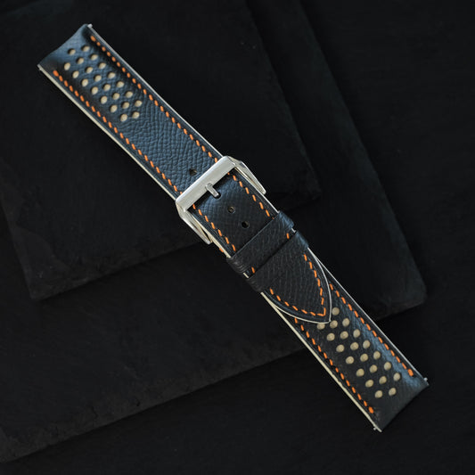 Flat Black Epsom Calfskin Leather Rally Watch Strap – Orange Racing Holes & Stitch