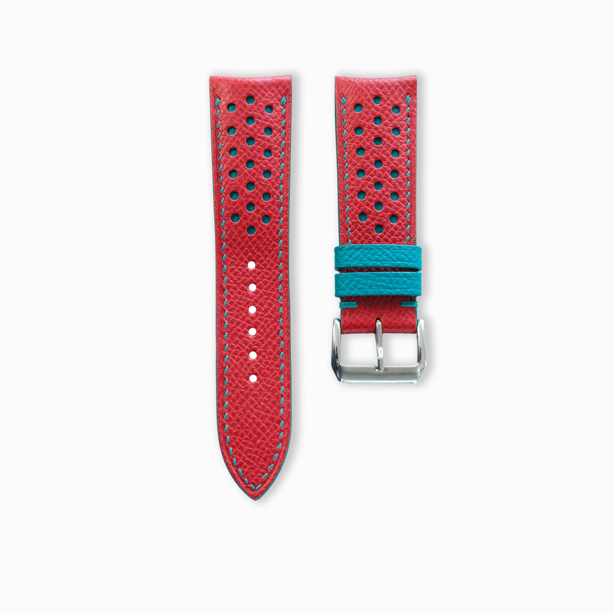 Padded Red Epsom Leather Rally Watch Strap - Turquoise Racing Holes, Stitch & Keeper