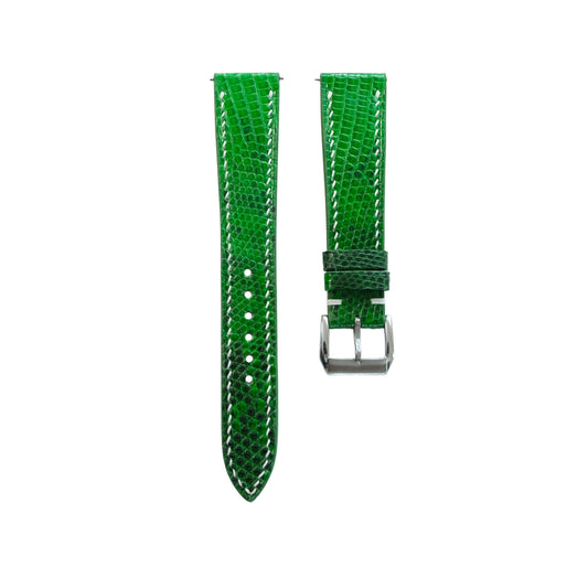 Flat Green Lizard Leather Watch Strap - White Stitch