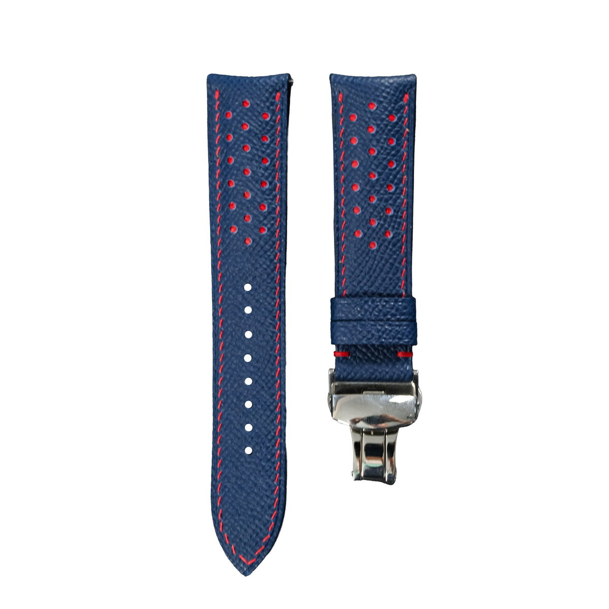 Padded Navy Epsom Leather Rally Watch Strap - Red Racing Holes & Stitch