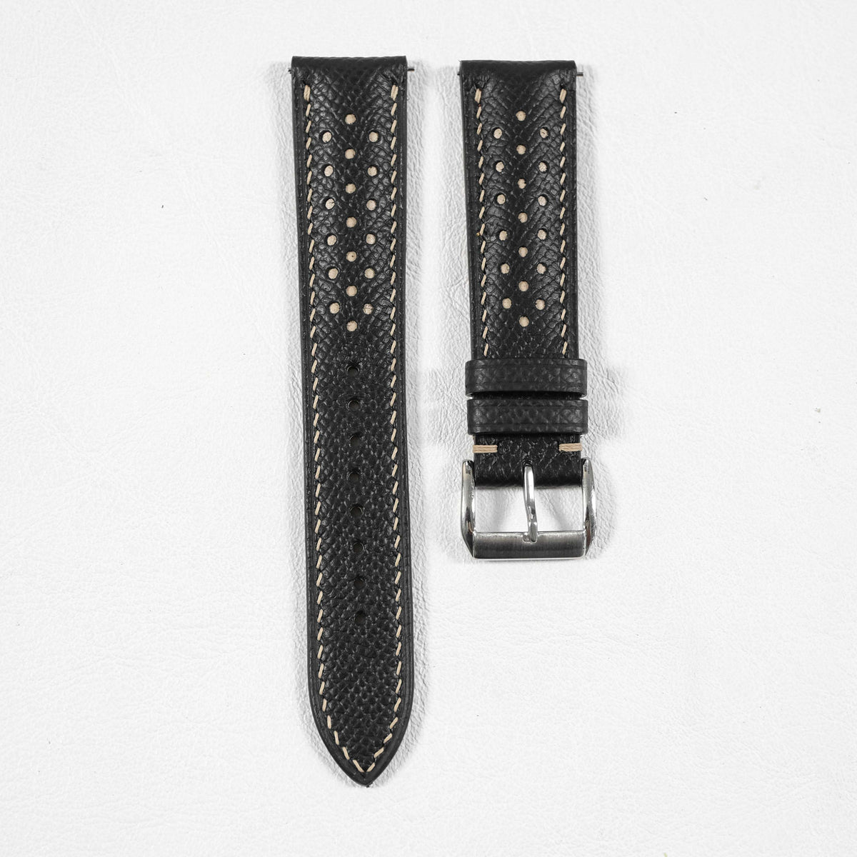 Padded Black Epsom Leather Rally Watch Strap - Cream Racing Holes & Stitch