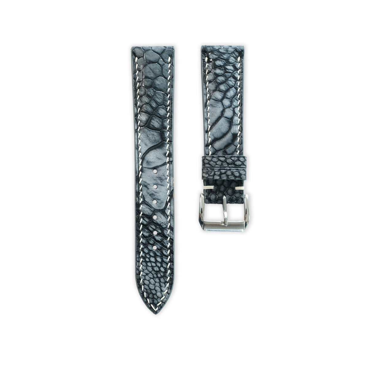 Flat Blue Grey Ostrich Leg Leather Watch Strap - White Stitch, Black Edge
