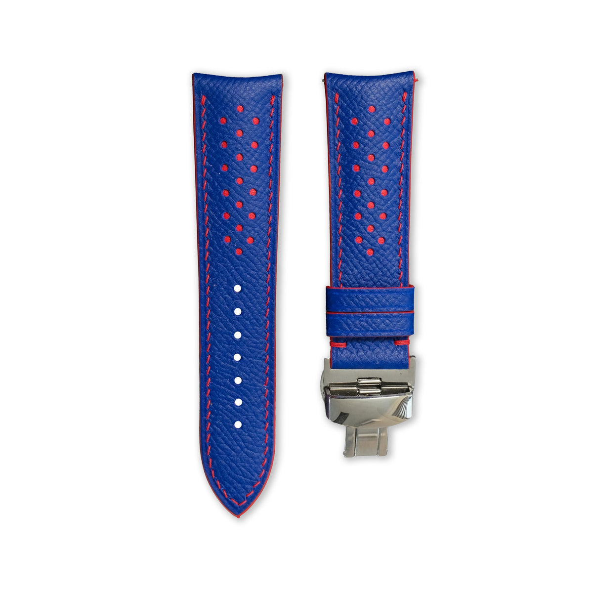 Padded Blue Epsom Leather Rally Watch Strap - Red Racing Holes, Stitch & Edge