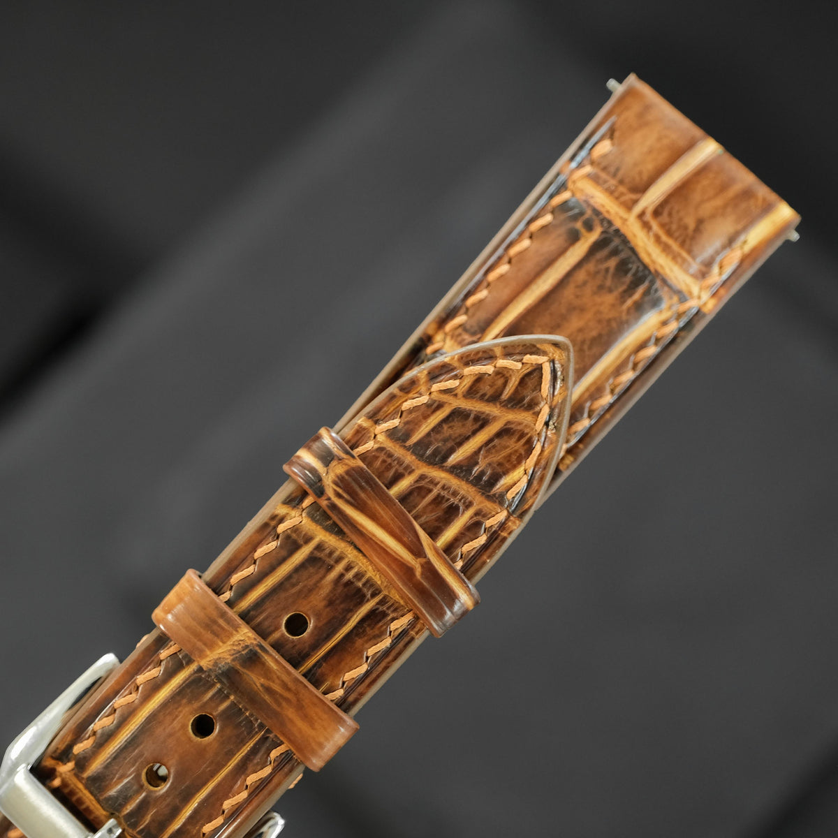 Padded Tiger Amber Patina Alligator Leather Watch Strap