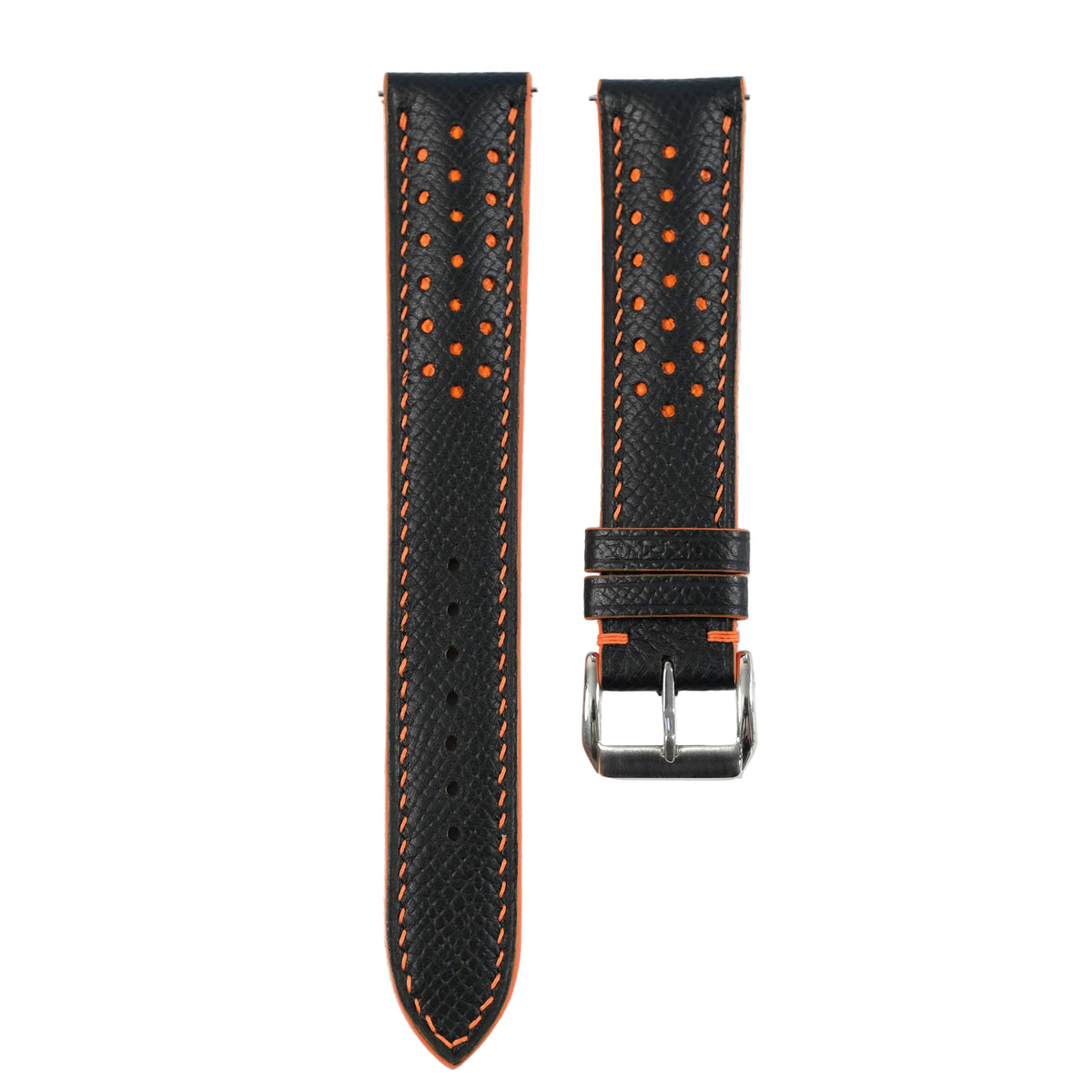 Padded Black Epsom Leather Rally Watch Strap - Orange Racing Holes, Stitch & Edge