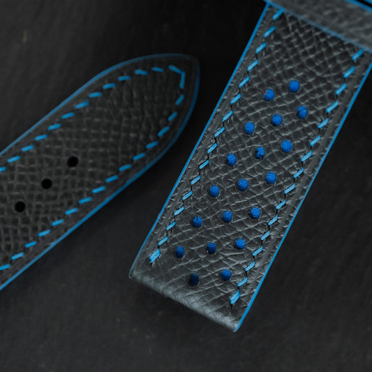 Flat Black Epsom Calfskin Leather Rally Watch Strap – Blue Racing Holes & Stitch