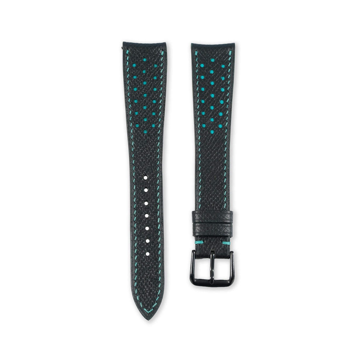 Padded Black Epsom Leather Rally Watch Strap - Turquoise Racing Holes & Stitch