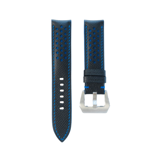 Padded Black Epsom Calfskin Leather Rally Watch Strap – Blue Racing Holes & Stitch