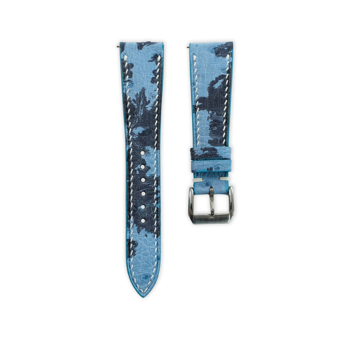 Flat Light Blue Black Floral Ostrich Sparse Quill Leather Watch Strap - White Stitch