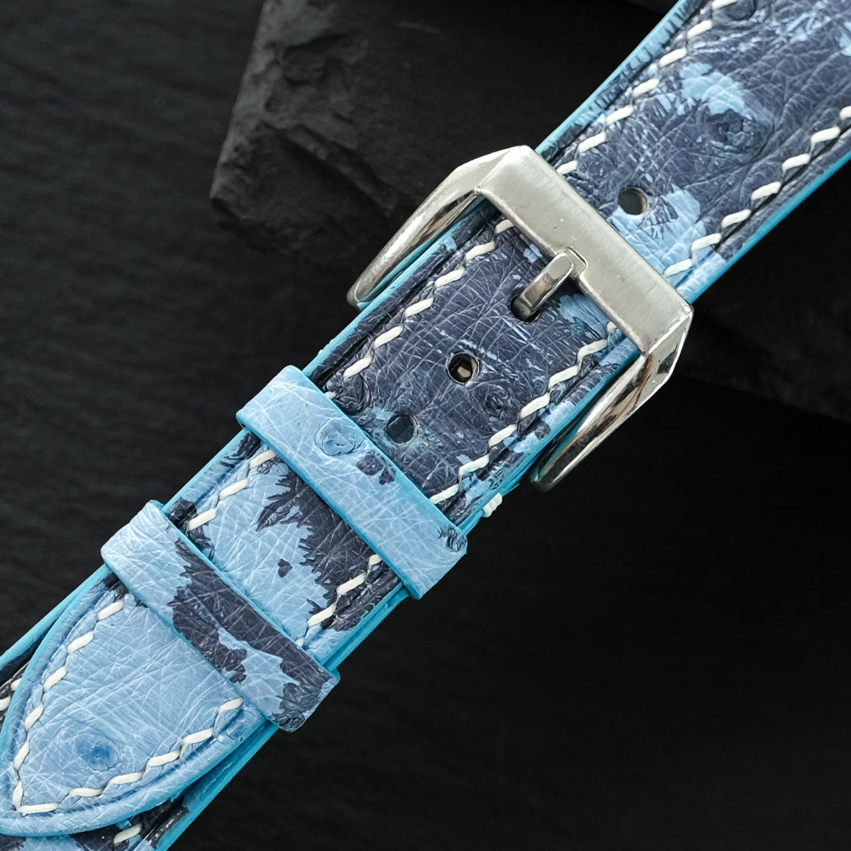 Flat Light Blue Black Floral Ostrich Sparse Quill Leather Watch Strap - White Stitch