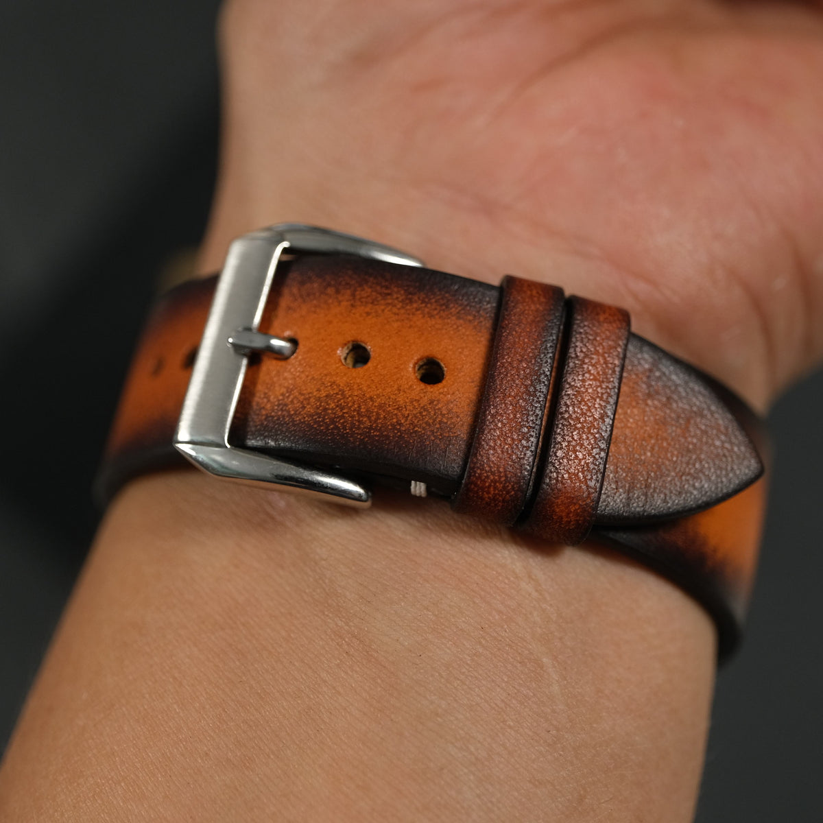 Flat Burnt Orange Patina Leather Watch Strap – White Stitch