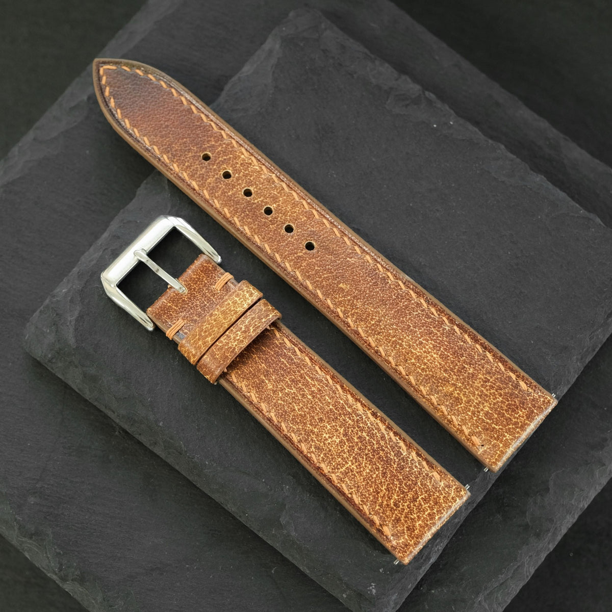 Flat Vintage Brown Patina Leather Watch Strap