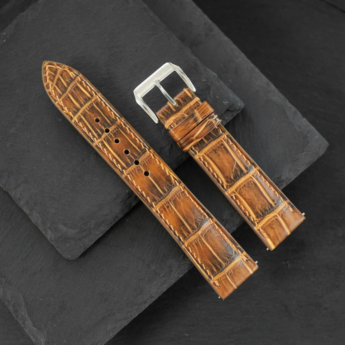Padded Tiger Amber Patina Alligator Leather Watch Strap