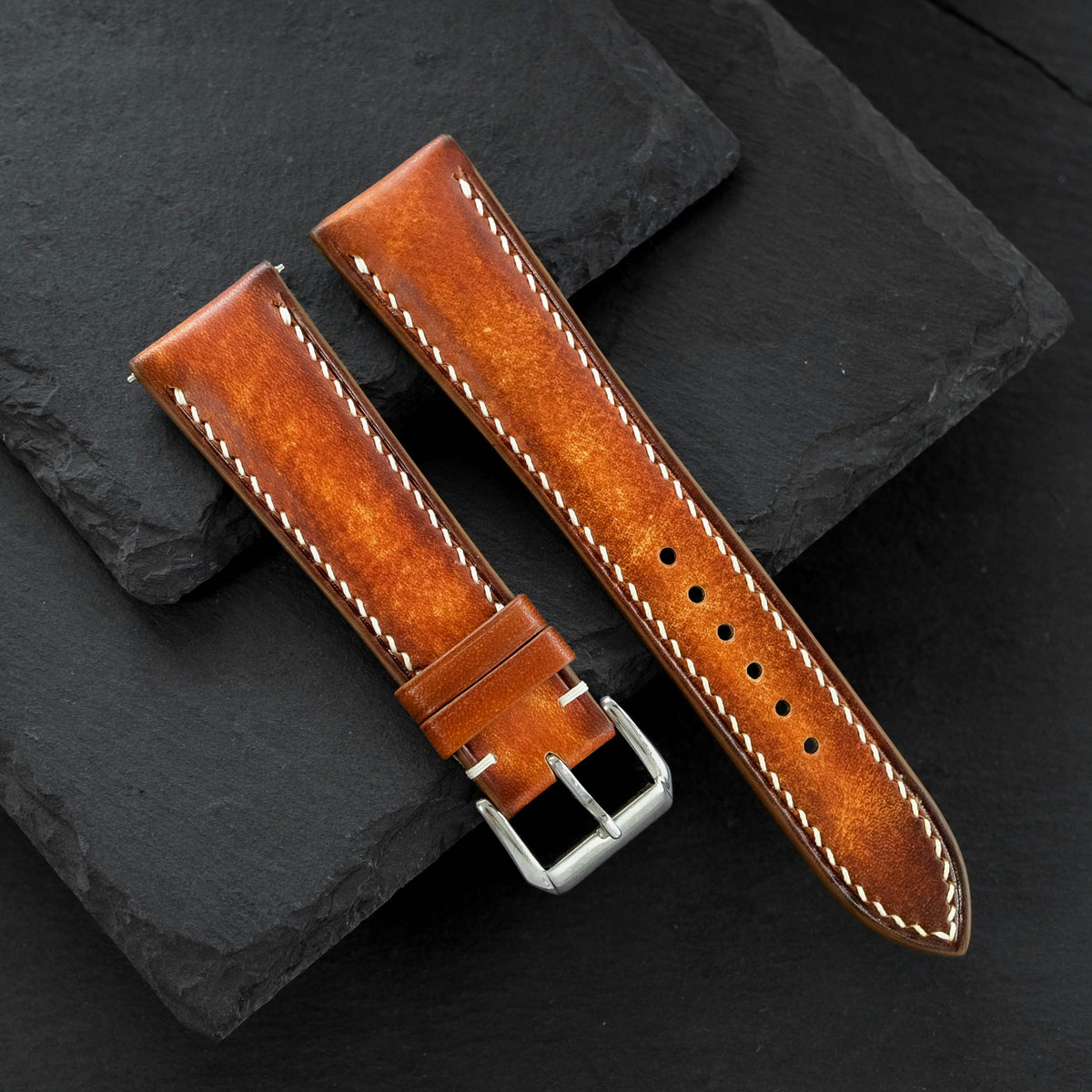 Padded Cognac Patina Leather Watch Strap – White Stitch