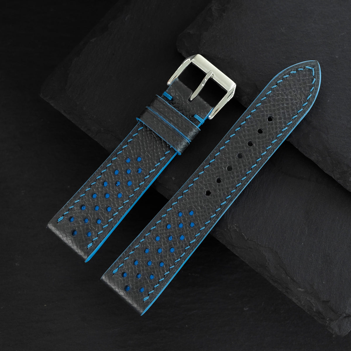 Flat Black Epsom Calfskin Leather Rally Watch Strap – Blue Racing Holes & Stitch