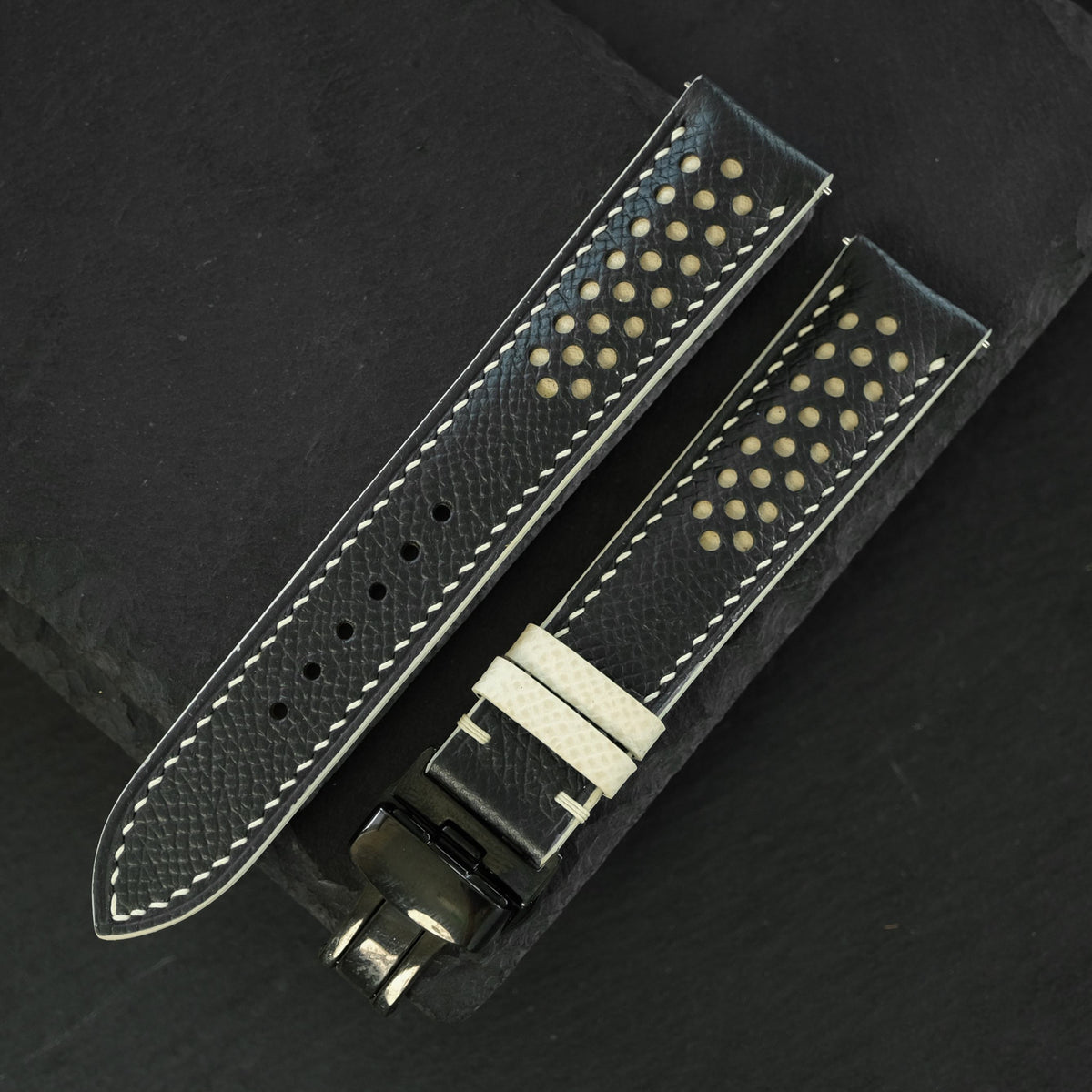 Flat Black Epsom Calfskin Leather Rally Watch Strap – White Racing Holes & Stitch