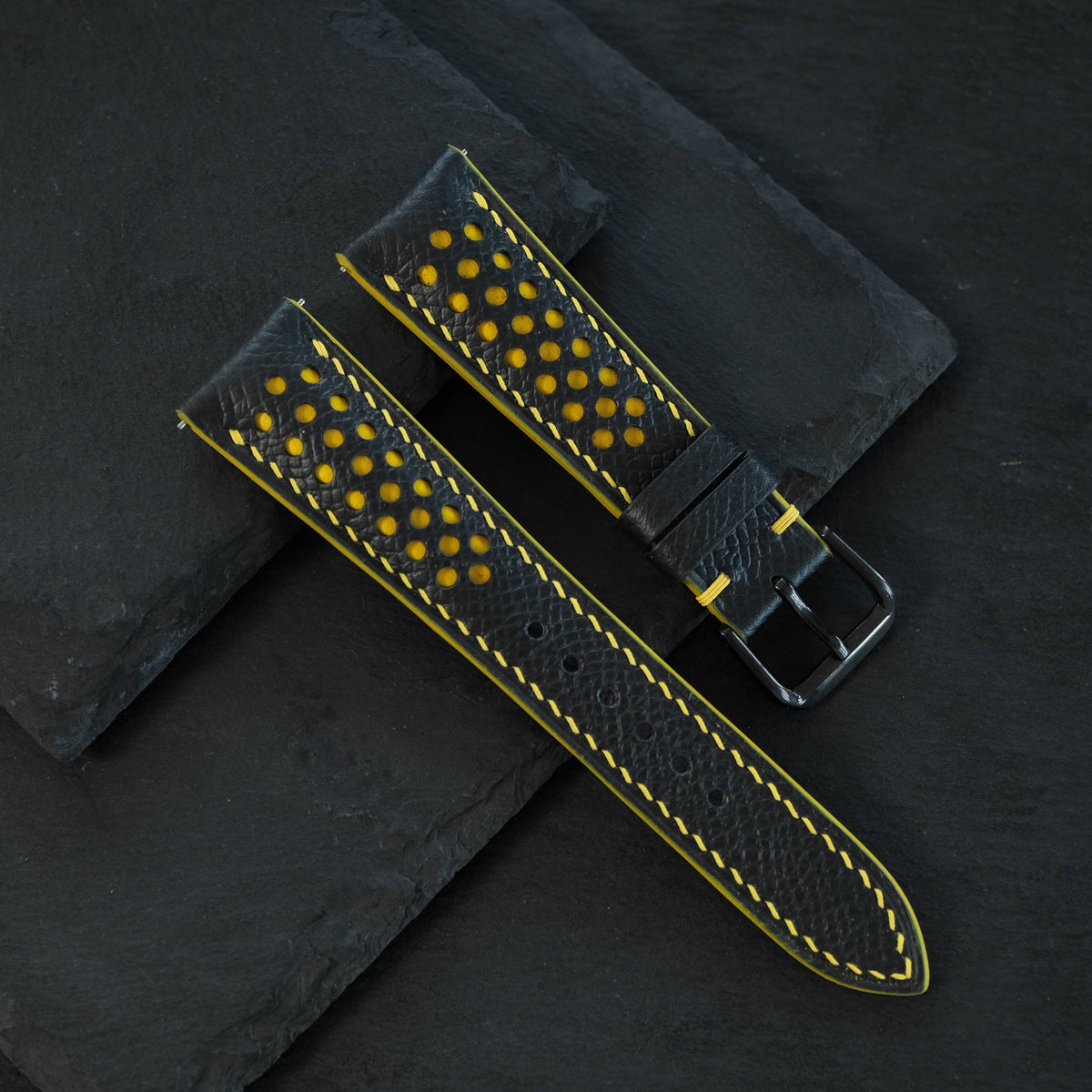 Padded Black Epsom Rally Racing Leather Watch Strap