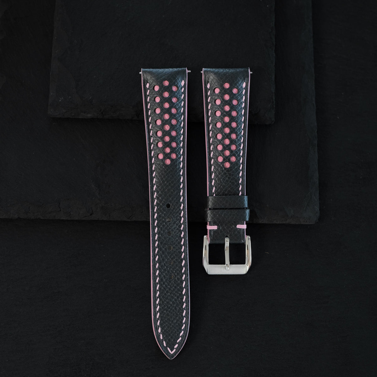 Padded Black Epsom Leather Rally Watch Strap – Pink Racing Holes & Stitch