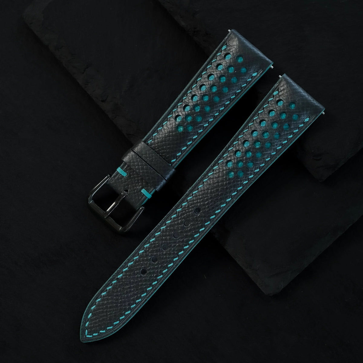 Padded Black Epsom Leather Rally Watch Strap – Turquoise Large Racing Holes & Stitch