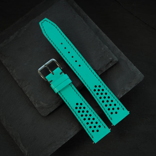 Flat Turquoise Smooth Ostrich Leather Rally Watch Strap — Black Racing Holes & Stitch