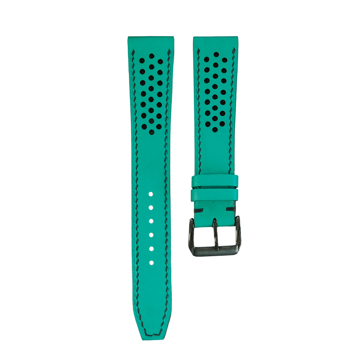 Flat Turquoise Smooth Ostrich Leather Rally Watch Strap — Black Racing Holes & Stitch