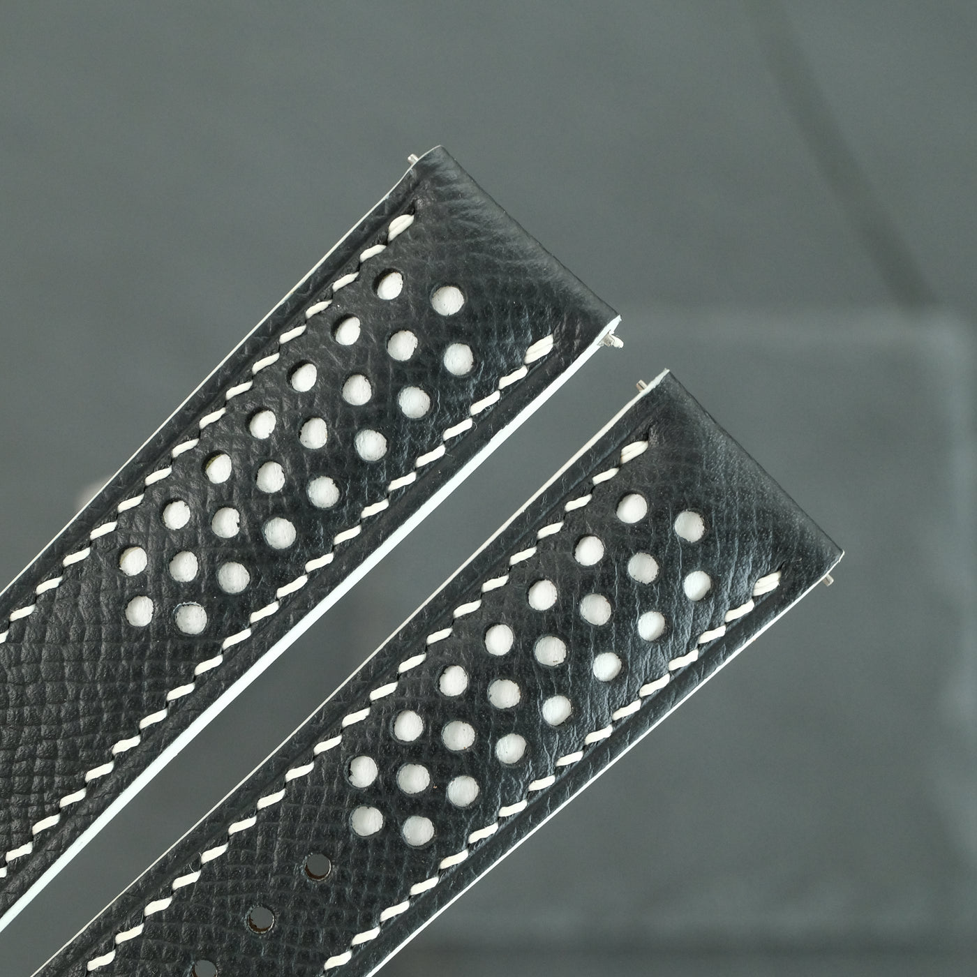 Flat Black Epsom Leather Rally Watch Strap - White Racing Holes & Stitch
