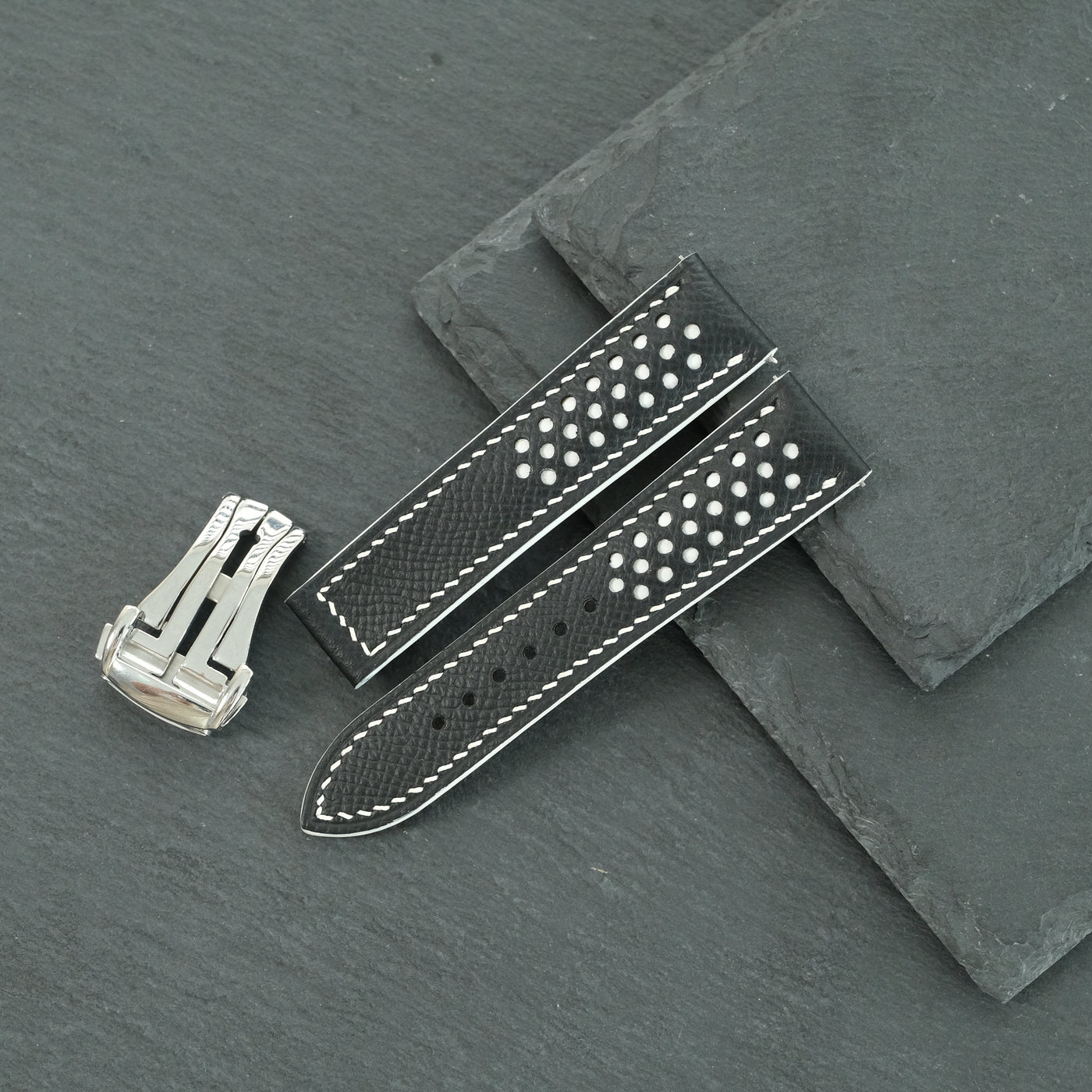 Flat Black Epsom Leather Rally Watch Strap - White Racing Holes & Stitch