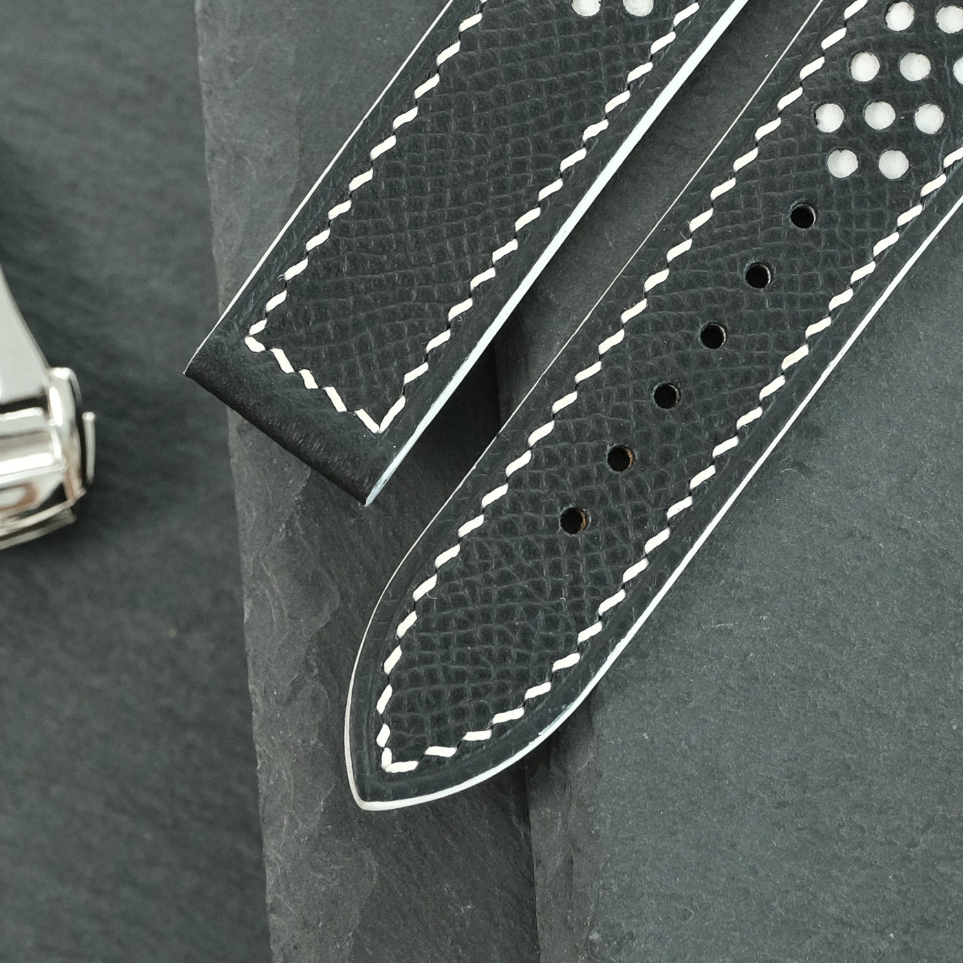 Flat Black Epsom Leather Rally Watch Strap - White Racing Holes & Stitch