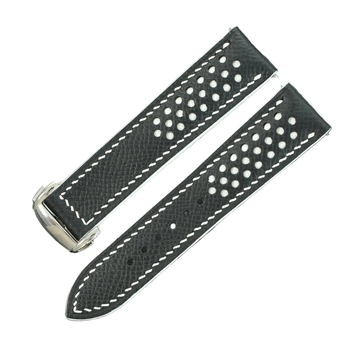Padded Black Epsom Leather Rally Watch Strap - White Racing Holes & Stitch