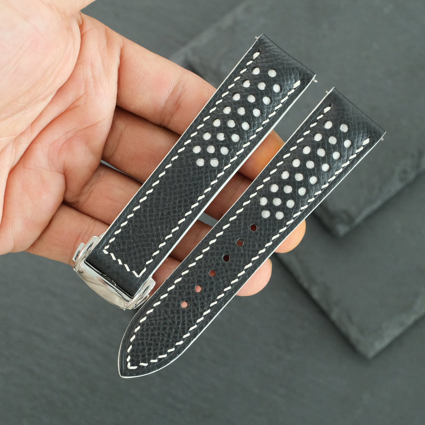 Flat Black Epsom Leather Rally Watch Strap - White Racing Holes & Stitch