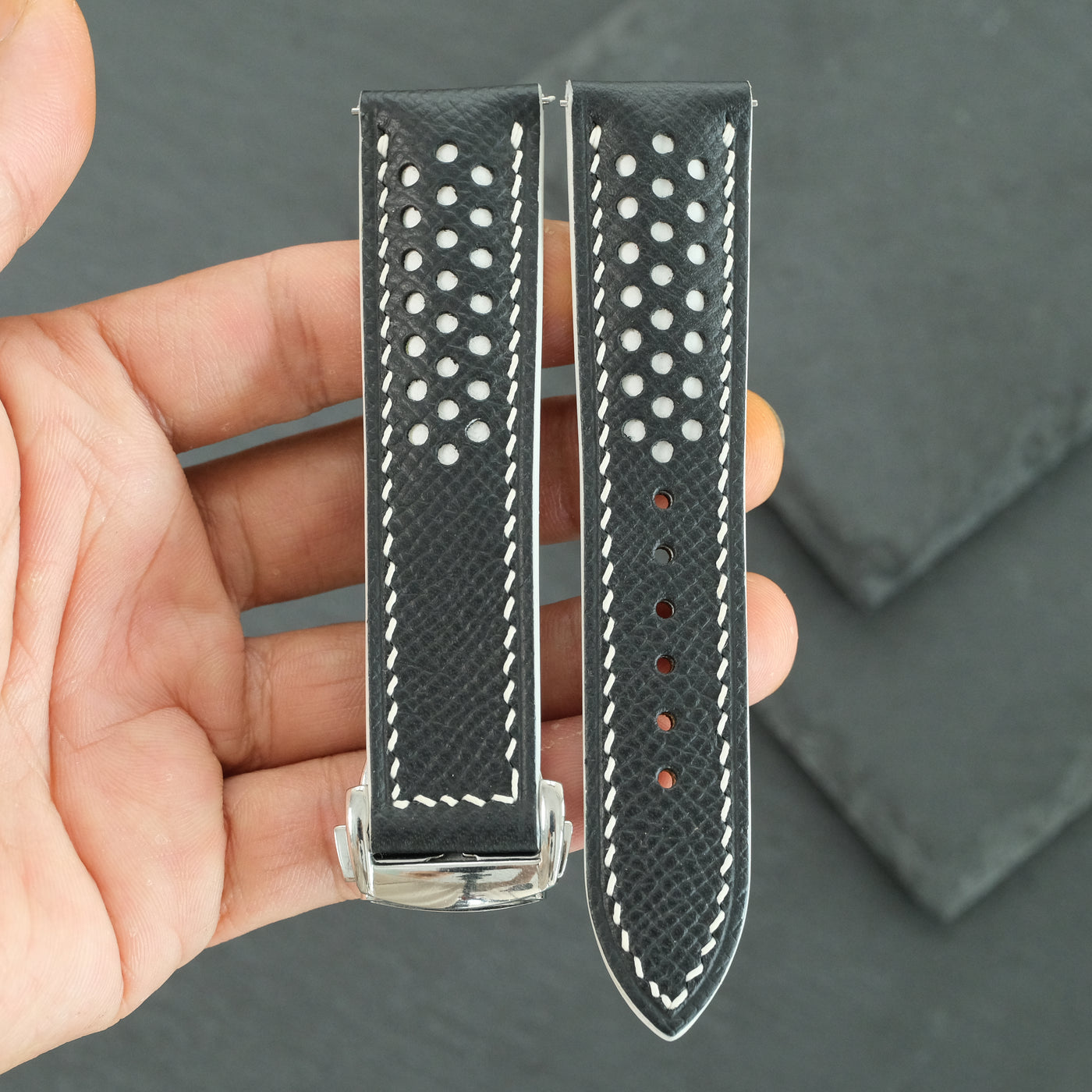 Flat Black Epsom Leather Rally Watch Strap - White Racing Holes & Stitch