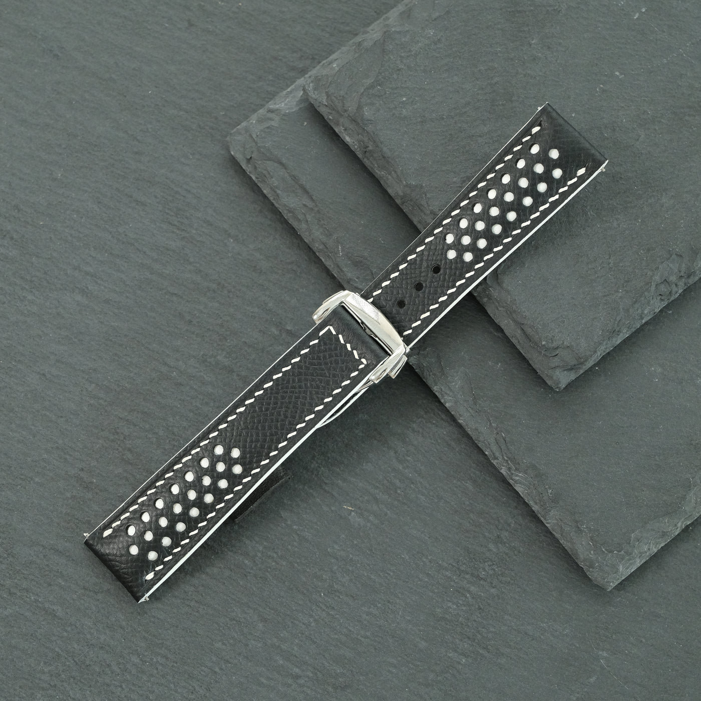 Flat Black Epsom Leather Rally Watch Strap - White Racing Holes & Stitch