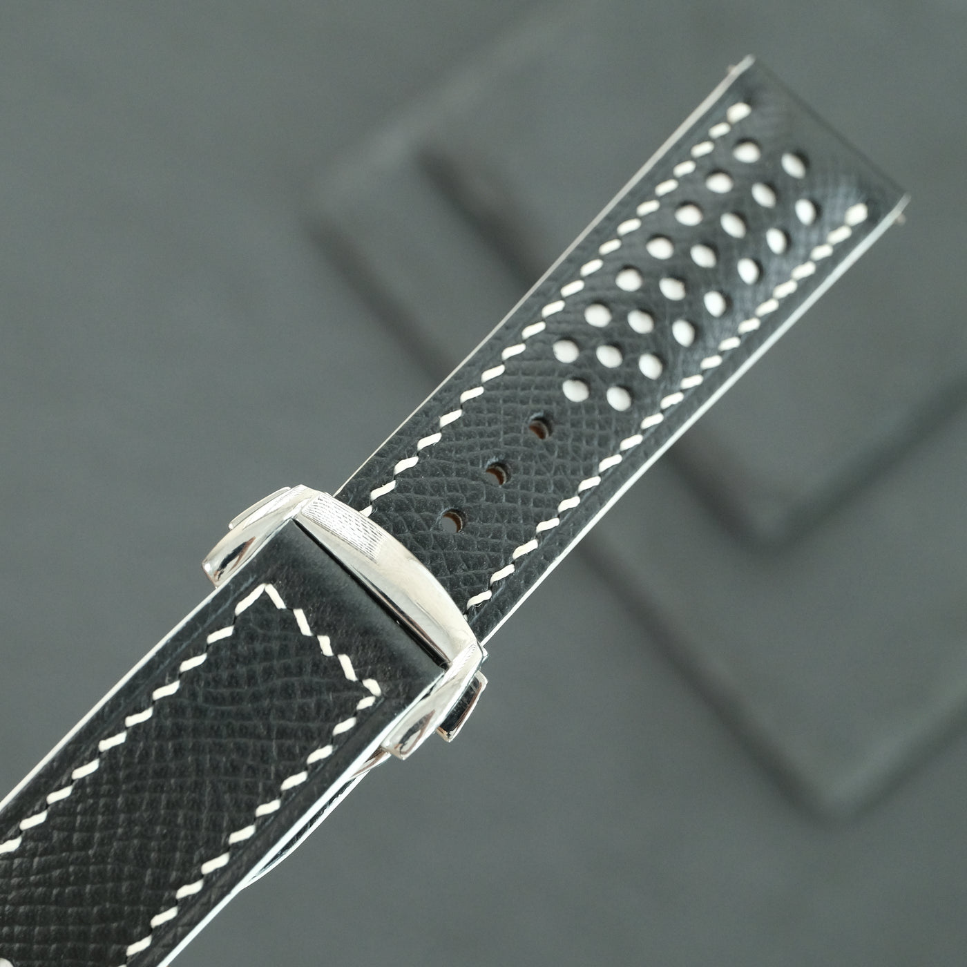Flat Black Epsom Leather Rally Watch Strap - White Racing Holes & Stitch