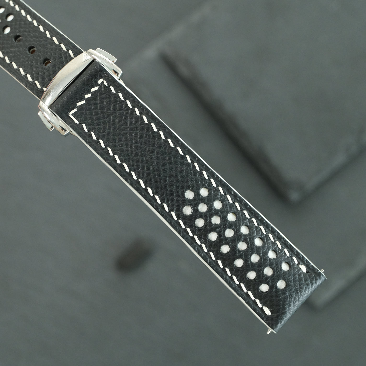 Flat Black Epsom Leather Rally Watch Strap - White Racing Holes & Stitch