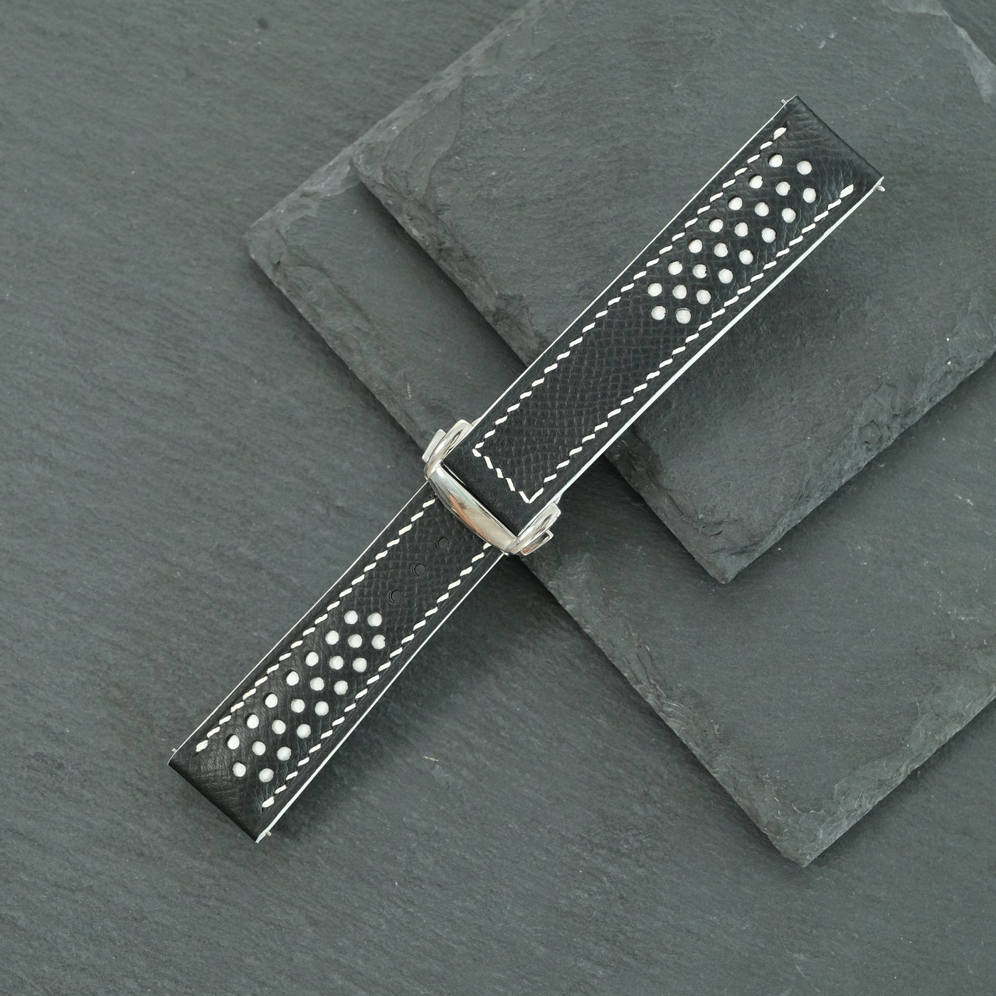 Flat Black Epsom Leather Rally Watch Strap - White Racing Holes & Stitch