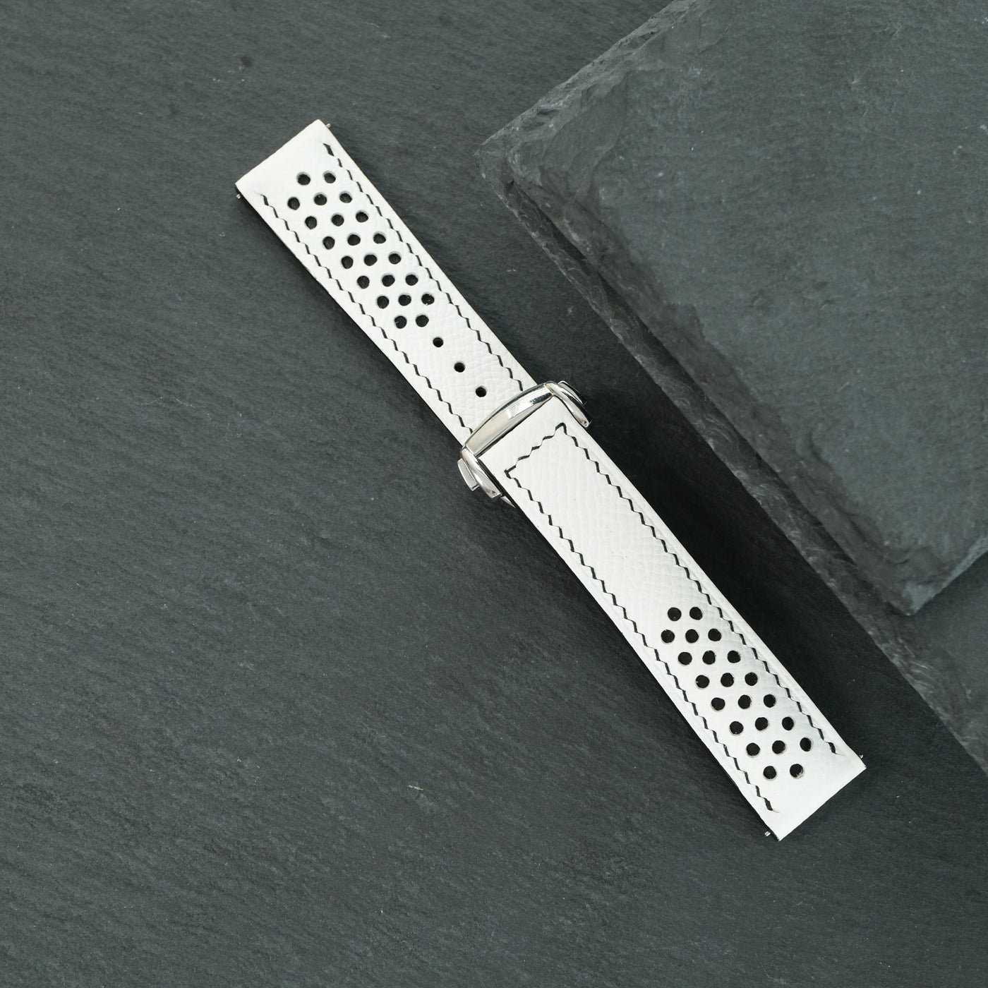 Flat White Epsom Leather Rally Watch Strap - Black Racing Holes & Stitch