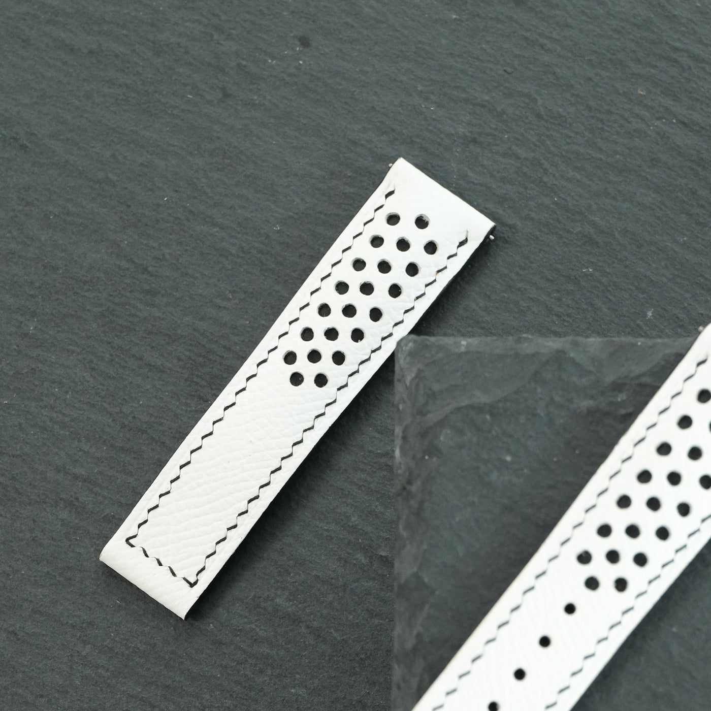 Flat White Epsom Leather Rally Watch Strap - Black Racing Holes & Stitch