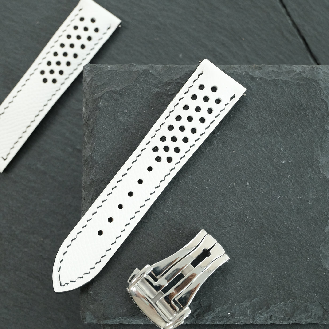 Flat White Epsom Leather Rally Watch Strap - Black Racing Holes & Stitch