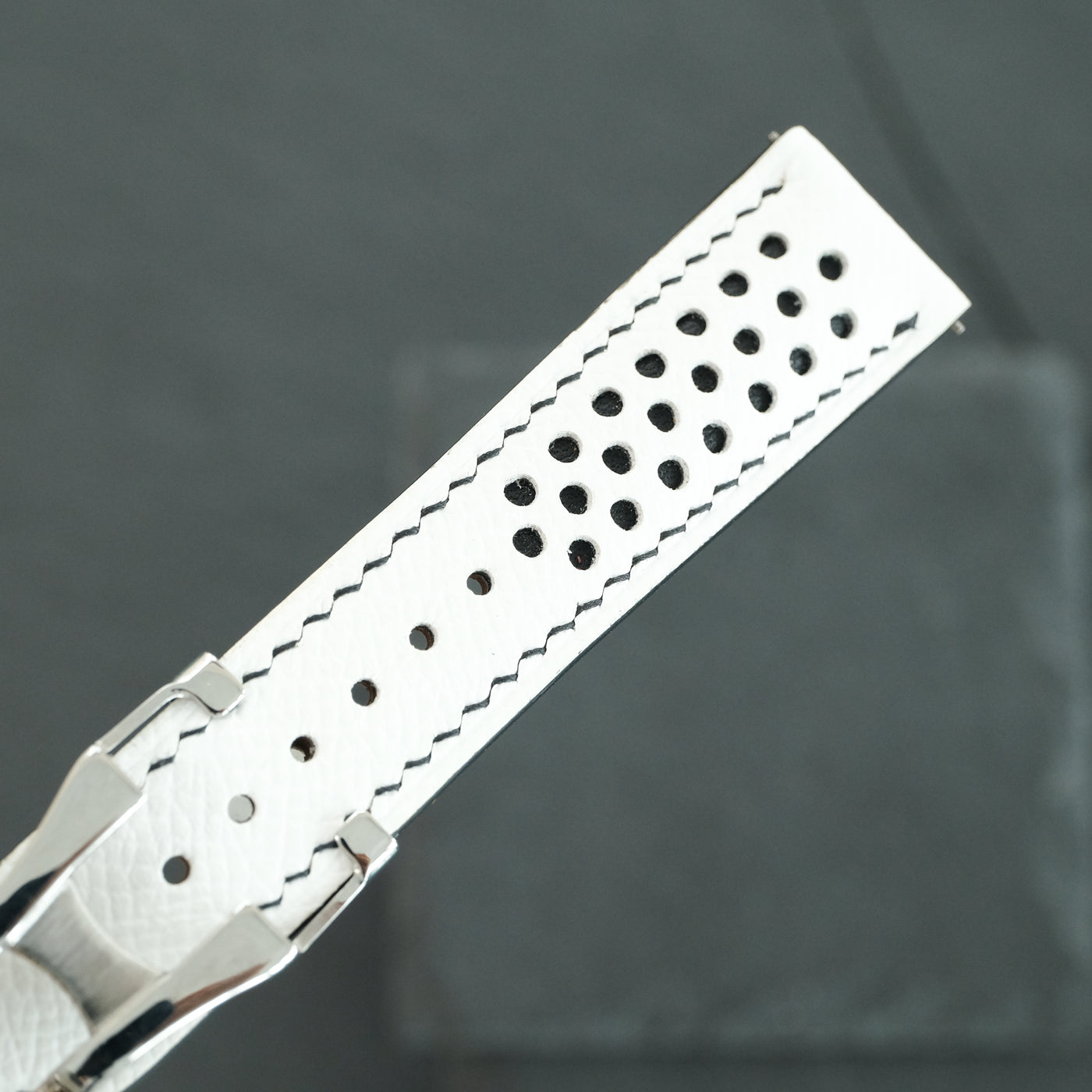 Flat White Epsom Leather Rally Watch Strap - Black Racing Holes & Stitch