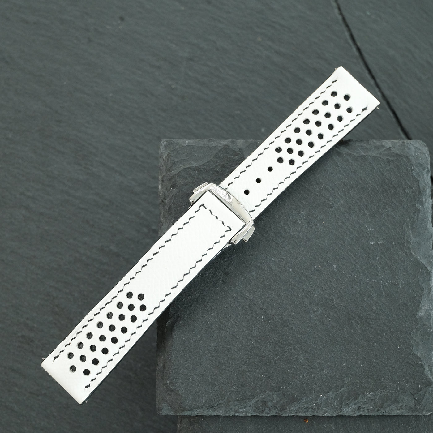 Flat White Epsom Leather Rally Watch Strap - Black Racing Holes & Stitch
