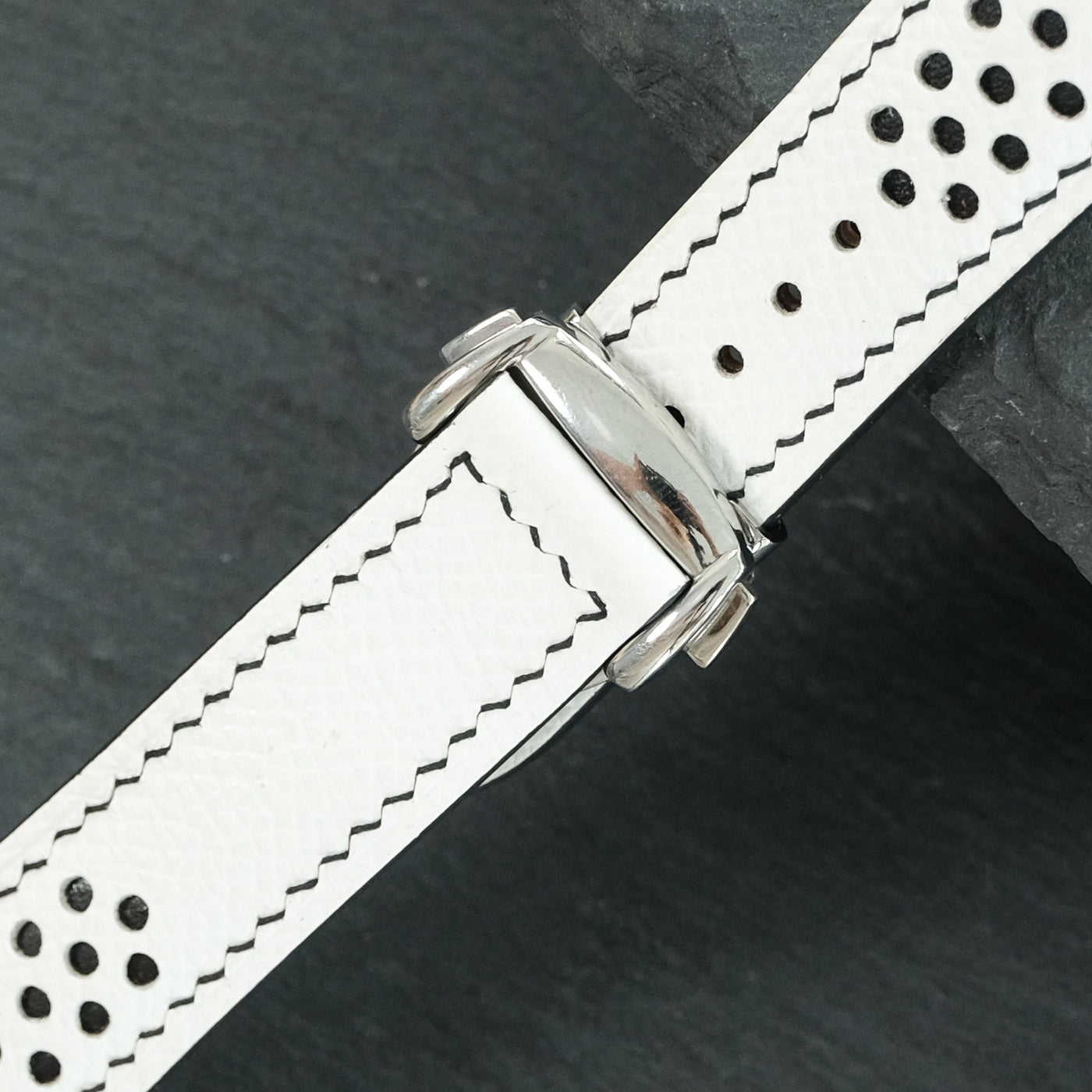 Flat White Epsom Leather Rally Watch Strap - Black Racing Holes & Stitch